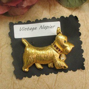NAPIER Rhinestone Gold Plate Terrier Dog Brooch ~VINTAGE Designer Scottie Brooc